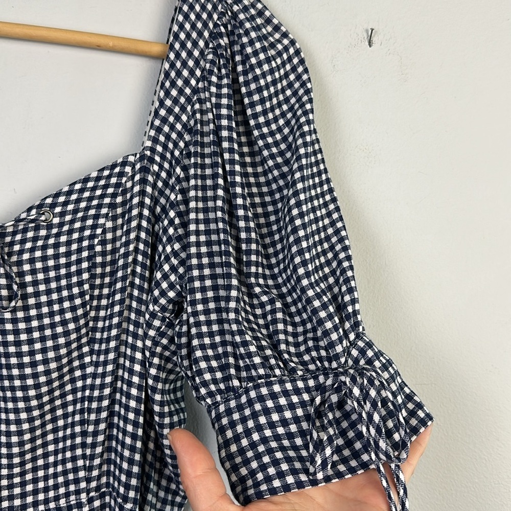 NEW Dress Forum Puff Sleeve Blue Gingham Mini Ruffle Hem Dress Lg Viscose Lined - Picture 6 of 16